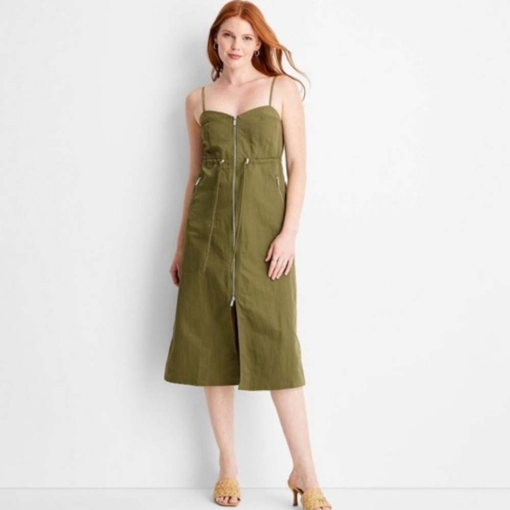 NWT Future Collective Olive Green Midi Skirt with Zipper Detail